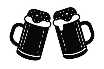 Two Beer Mugs Clinking with Foam Black Silhouette on Transparent Background