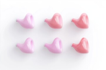 Obraz premium Six glossy pink and purple custom in-ear monitor shells arranged in a neat grid pattern on a clean white background.