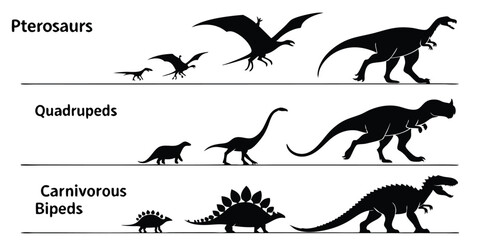 Prehistoric Dinosaurs Vector Set with Pterosaurs, Quadrupeds, and Carnivorous Bipeds Silhouettes