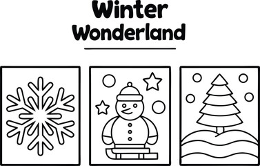 Winter Wonderland Outlines Featuring Snowflakes, Snowman, and Tree on White