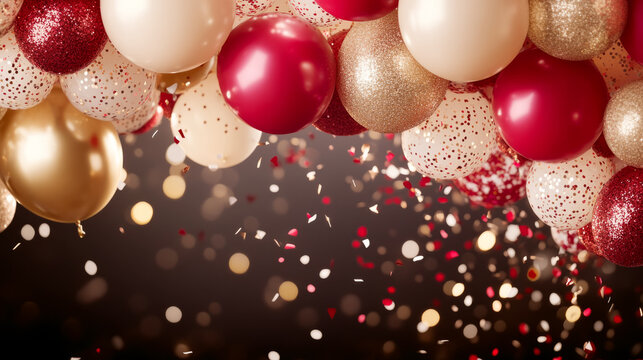 Festive celebration with golden and red balloons cascading in glittering elegance