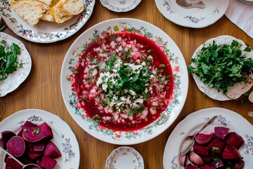 A colorful table is set with a large bowl of borscht topped with herbs, surrounded by side dishes including beets and fresh bread. The inviting atmosphere suggests a communal meal