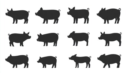 Pig silhouettes, various poses, white background, farm animal icons, website graphics