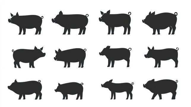 Pig silhouettes, various poses, white background, farm animal icons, website graphics