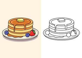 Colorful and black and white pancake with strawberry, blueberry, butter, coloring page. Worksheet for children and adults.