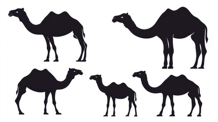 Five camel silhouettes, desert background, travel illustration