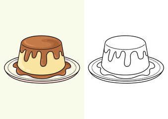 Colorful and black and white sweet pudding, caramel, coloring page. Worksheet for children and adults.