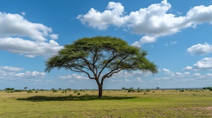 Obraz premium Single acacia tree in African savanna landscape under a clear blue sky. Possible use Nature photography, stock image, desktop wallpaper