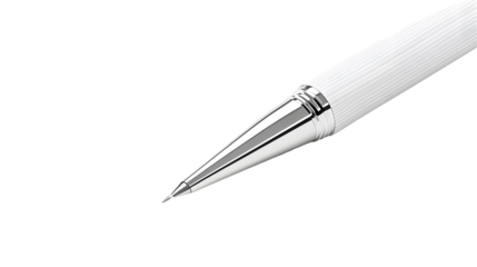Close-up of a white pen with a sharp, silver tip