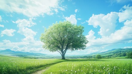 Obraz premium Tranquil meadow landscape with tree, sunny day. Possible use Background image, nature-themed design
