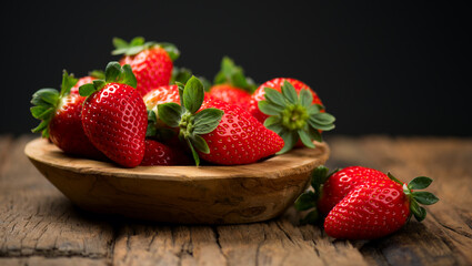 Strawberry, fresh ripe organic strawberries in a wooden bowl on a wood table over black background, close-up. Fresh ripe organic strawberries, macro shot of fresh juicy berries, close up 