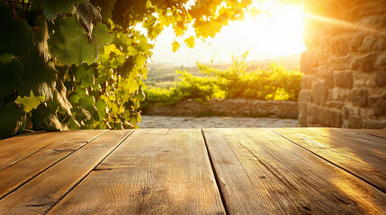 Rustic wooden table top, surrounded by picturesque vineyards, bathed in warm sunlight. stone path and Mediterranean-style patio in the background. Product display grape cultivation and wine production
