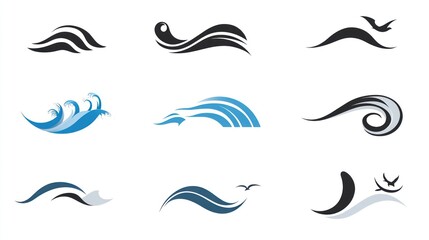 Ocean wave icons; various styles; white background; design elements