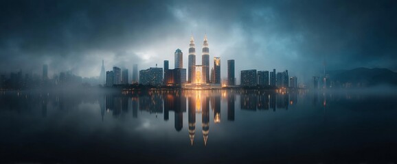 City skyline reflected in calm water, under a cloudy, moody sky. Lights glow