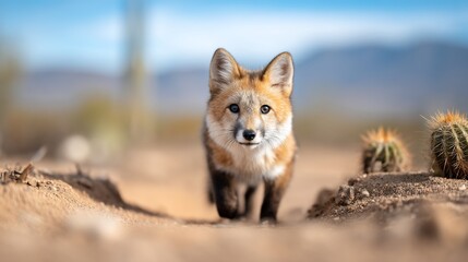 Fototapeta premium A curious fox walks towards the camera, desert backdrop, cacti visible, blue sky