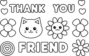 Thank You Friend with Hearts, Kawaii Cat, and Flowers Outline on Transparent BG