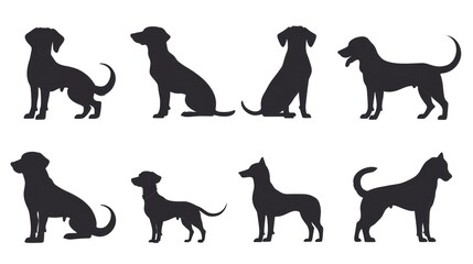Eight dog silhouettes; various poses; white background; pet adoption
