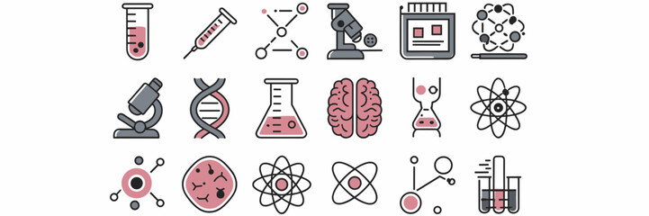 Vector icon sheet with science-themed icons, including a test tube, syringe, microscope, DNA double helix, and more – Ideal for educational content, medical publications, or science-related materials.