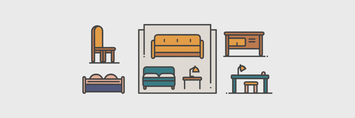 Vector illustration of a sheet with minimalist furniture icons – Great for digital design projects, interior design apps, or simplified home decor guides.