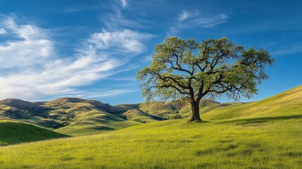 Fototapeta premium Single oak tree on grassy hillside under a bright sky. Possible use Stock photo for nature, peace, tranquility, outdoor backgrounds