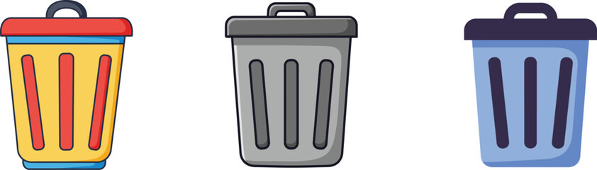 Colorful Trash Bin Icon Set – Flat Cartoon Style Vector Illustration