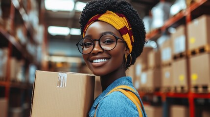Happy warehouse worker holding a box, logistics, industry.  Use website, article