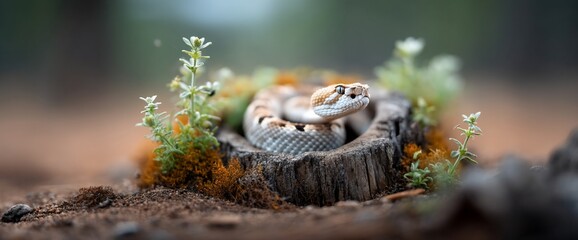 Rattlesnake coiled in a tree stump, surrounded by moss and plants. Wildlife in natural habitat