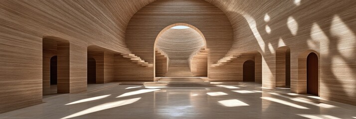 Obraz premium Modern minimalist interior hall featuring curved wooden walls, a large central archway, and dappled sunlight reflecting on a polished marble floor.