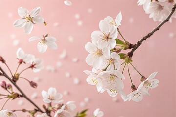 Fototapeta premium White cherry blossoms floating against a pastel pink background, levitation effect (Bouquet)