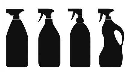 Four spray bottles, cleaning supplies, white background, household use