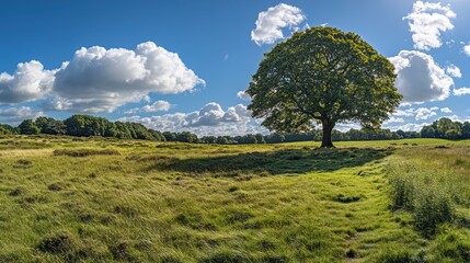 Obraz premium Sunny meadow with lone tree, wide landscape, England. Possible use Nature backdrop