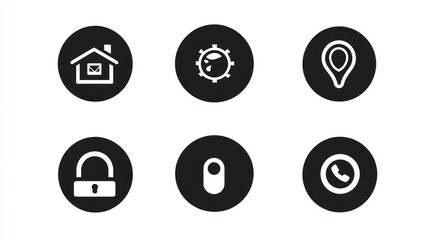 App icons home, settings, location, lock, mute, phone; white on black circles