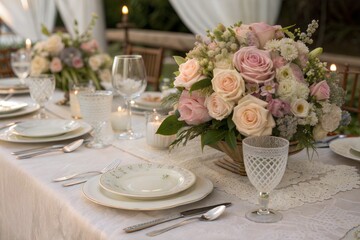 Fototapeta premium Elegant Floral Table Setting for Special Occasion or Wedding Reception 