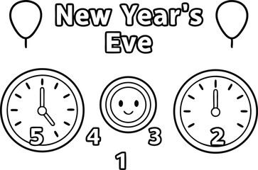 New Year's Eve with Balloons, Clock Outlines and Happy Face Emoji on Transparent Background
