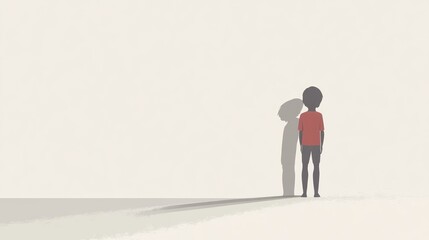 Isolated child casts a long shadow on a plain background.