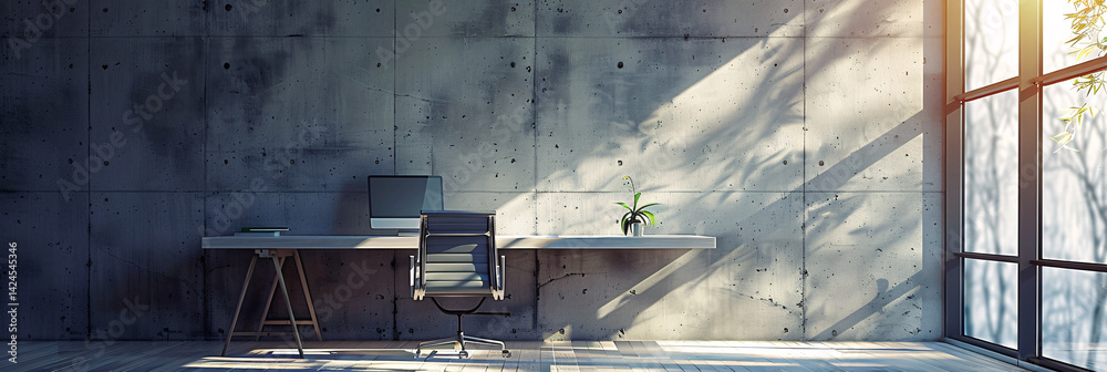 Poster minimalist, modern office space illuminated by sunlight streaming through a window