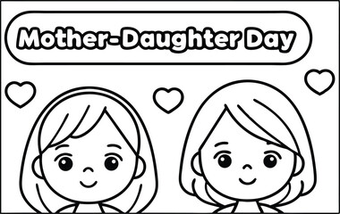 MotherDaughter Day Portrait, Heart Outlines, Black And White Sketch, Line Art