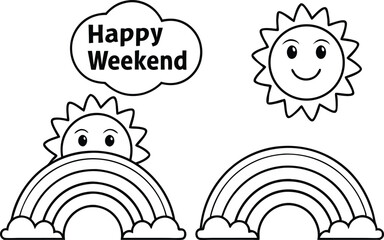 Happy Weekend Cloud Text With Rainbows and Smiling Sun Black Line Drawings