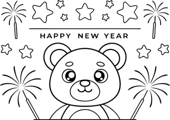 Happy New Year with Teddy Bear, Stars, and Sparklers on White Background
