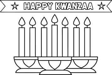 Outlined Kwanzaa kinara with Seven Candles and banner with Happy Kwanzaa text