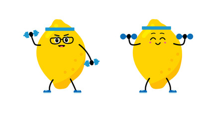 Barbell, Dumbbells. A cute, strong Lemon. The concept of classes in the gym with the image of Lemon, health, fitness. Vector illustration in flat style.
