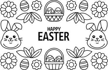 Happy Easter Message with Bunny, Basket, Floral and Egg Outline on Transparent BG