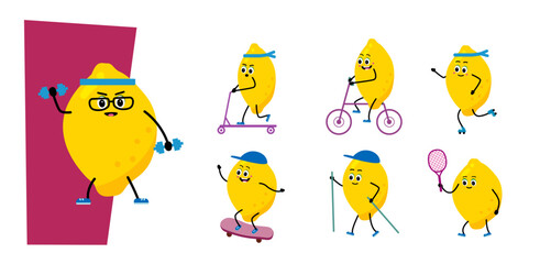 Outdoor sports. fitness. swimming,Tennis. skateboard. nordic walking,  scooter. vector illustration in a flat style.