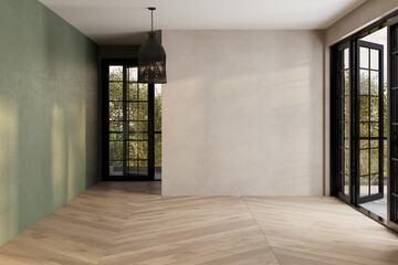 Modern contemporary empty room yard view 3d render overlooking the living room behind the room has concrete floors, beige and green walls for copy space, sunlight enter the room.
