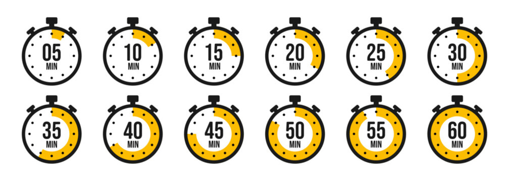 Stopwatch icons. Colorful simple chronometer, time counter with dial. Countdown timer showing hours and minutes. Deadline, measurement for sport. Cooking time label, sticker. Vector illustration