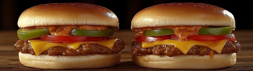 Two Burgers on Wooden Table