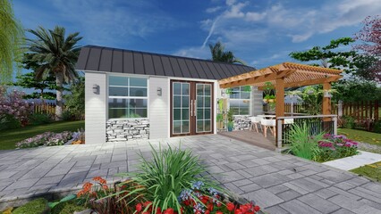 Tiny House Design with Pergola and Garden