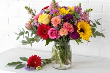 Lush bouquet of colorful flowers designed as a gift, isolated on white. (Bouquet)