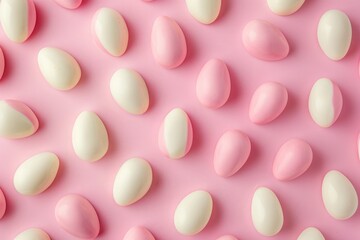 A row of eggs with white and pink paint on them