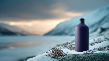 Purple water bottle on a snowy mountaintop overlooking a frozen lake.